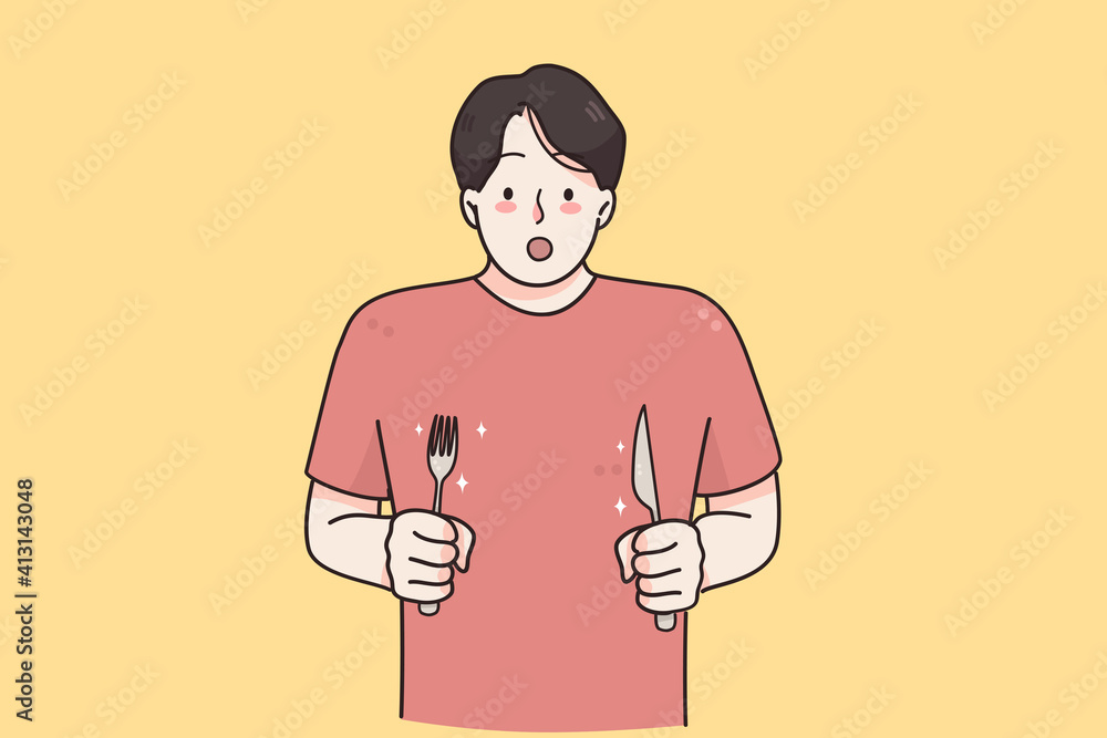 Hunger, appetite, surprise concept. Young hungry man cartoon character with  knife and fork in hands standing feeling shocked with tasty meal vector  illustration Stock Vector | Adobe Stock