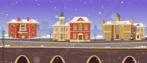 Vintage city winter street with european colonial victorian buildings and lake promenade. 19th century town with old architecture. Retro style cityscape at river shore, Cartoon vector illustration