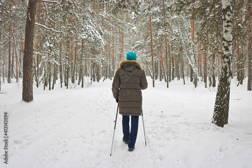 Woman goes in for winter sports - nordic walking, walks with sticks through a snowy forest. Active people in nature. © ss404045