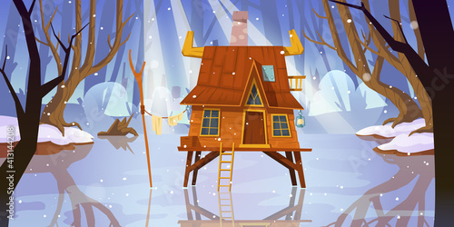 Wooden stilt house at frozen swamp in winter forest. Old shack on piles in deep wood. Witch hut, computer game background, fantasy mystic nature landscape with marsh pond, Cartoon vector illustration