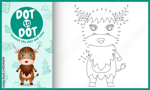 Connect the dots kids game and coloring page with a cute buffalo character illustration