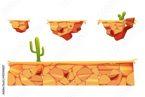 Platforms with desert landscape and cactuses for game level interface. Vector cartoon set of gui elements for background of arcade or computer animation isolated on white background