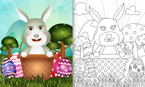 coloring book for kids themed happy easter day with character illustration of a cute rabbit in the bucket egg