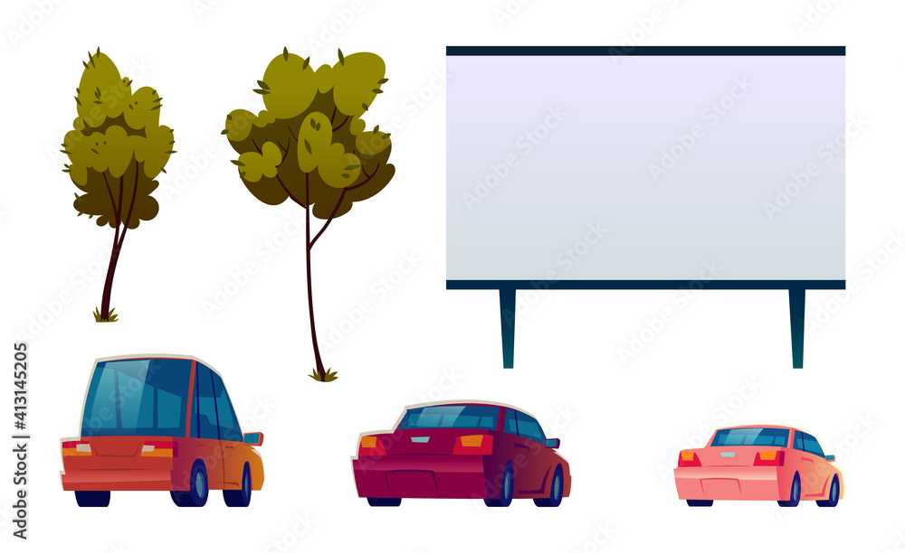 Car street cinema isolated elements set, large outdoor screen for movie,  automobiles and green trees. Drive-in theater objects, open air parking on  white background, Cartoon vector illustration, icons Stock Vector | Adobe