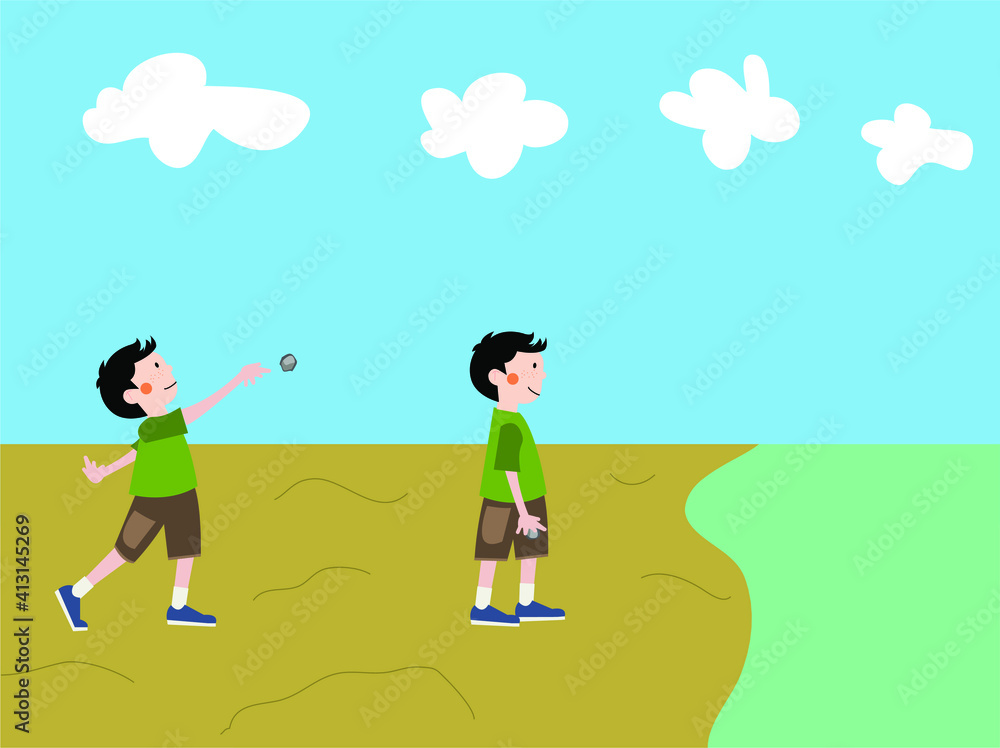 Vector Illustration of a Stone Throwing Boy, Sea Background