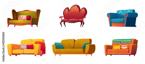 Cartoon couches and sofas furniture isolated set. Classic and modern design made of leather, fabric, buttoned quilted upholstery with pillows, interior objects on white background, vector illustration