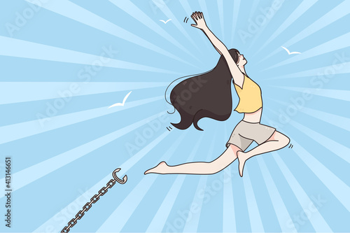 Slave trade and abolition International day remembrance concept. Positive female jumping out of broken metal chains with hands raised up feeling happy over blue sky illustration 