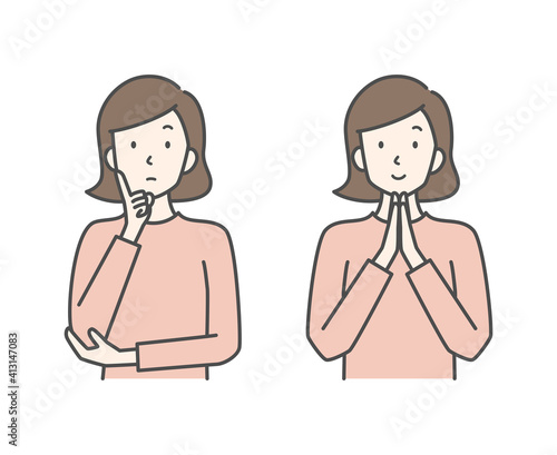 考える・ひらめくポーズの女性