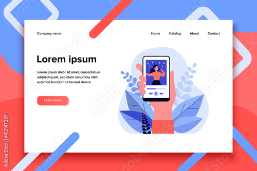 Smartphone user watching talent show or concert. Video player, streaming, media content flat vector illustration. Internet, communication concept for banner, website design or landing web page