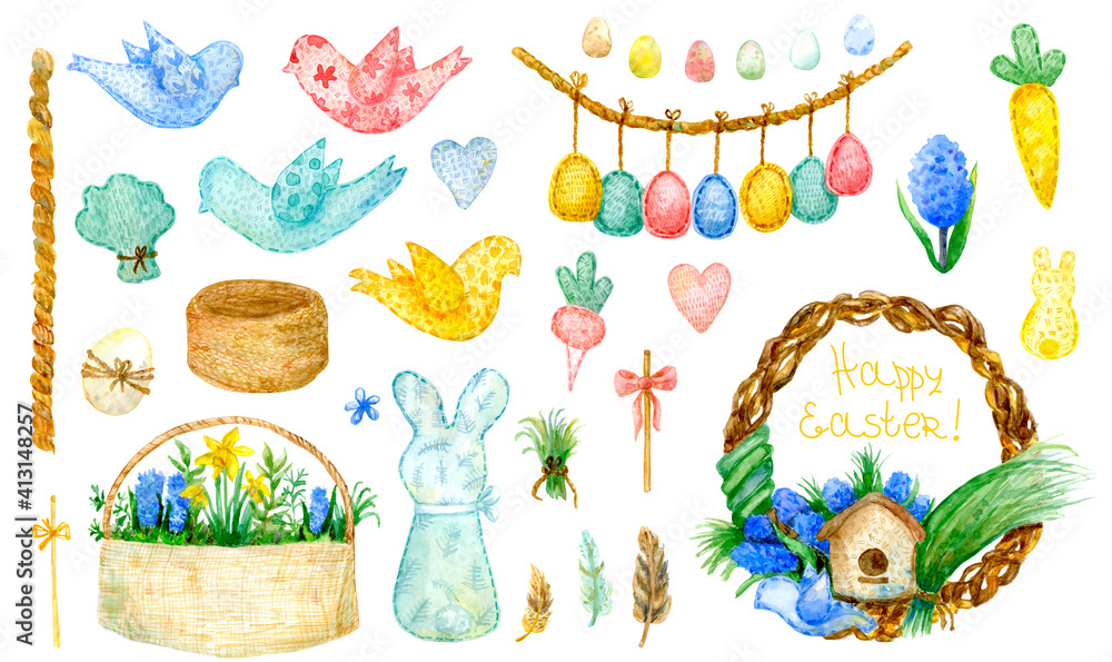 Watercolor Easter set: wreath diy, basket with flowers, hyacinth, felt birds, hearts, vegetables and bunny, Easter eggs, grass. Handmade home decor. Isolated on white. Perfect for Easter card, poster Watercolor Easter set: wreath diy, basket with flowers, hyacinth, felt birds, hearts, vegetables and bunny, Easter eggs, grass. Handmade home decor. Isolated on white. Perfect for Easter card, poster