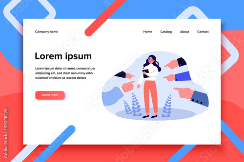 Victim of social bullying. Index fingers pointing at sad depressed woman feeling shame, guilty. Vector illustration for society conviction, denunciation, blame, accusing concept