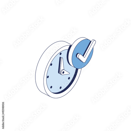 Time clock, check mark. Vector 3d line isometric, color web icons, new flat style. Creative illustration, idea for infographics.