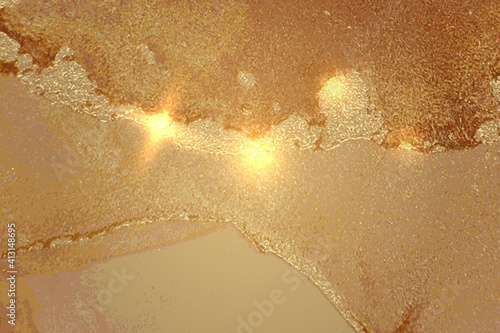 Vintage abstract beige and gold marble texture with sparkles. Vector background in alcohol ink technique. Modern paint with glitter. Template for banner, poster design. Fluid art painting