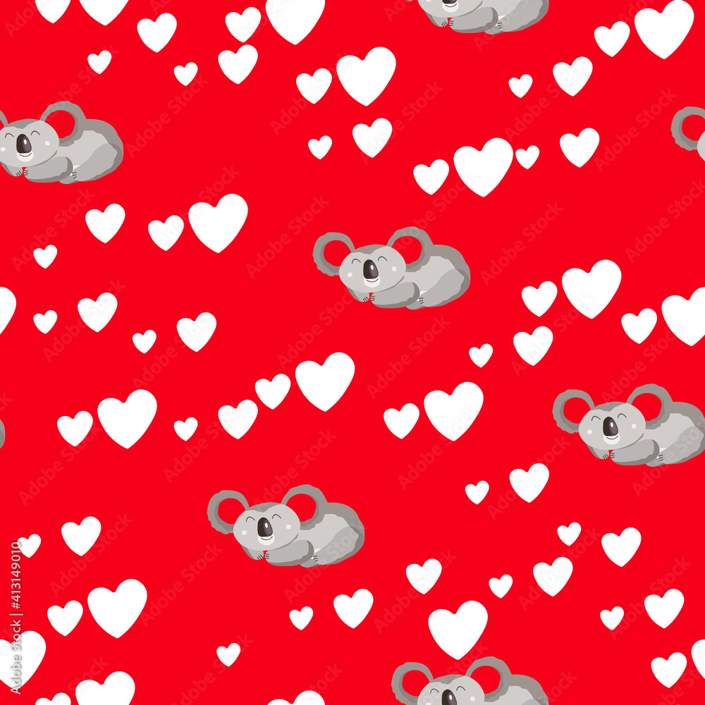 Seamless pattern with cute koala baby and hearts on color background ...