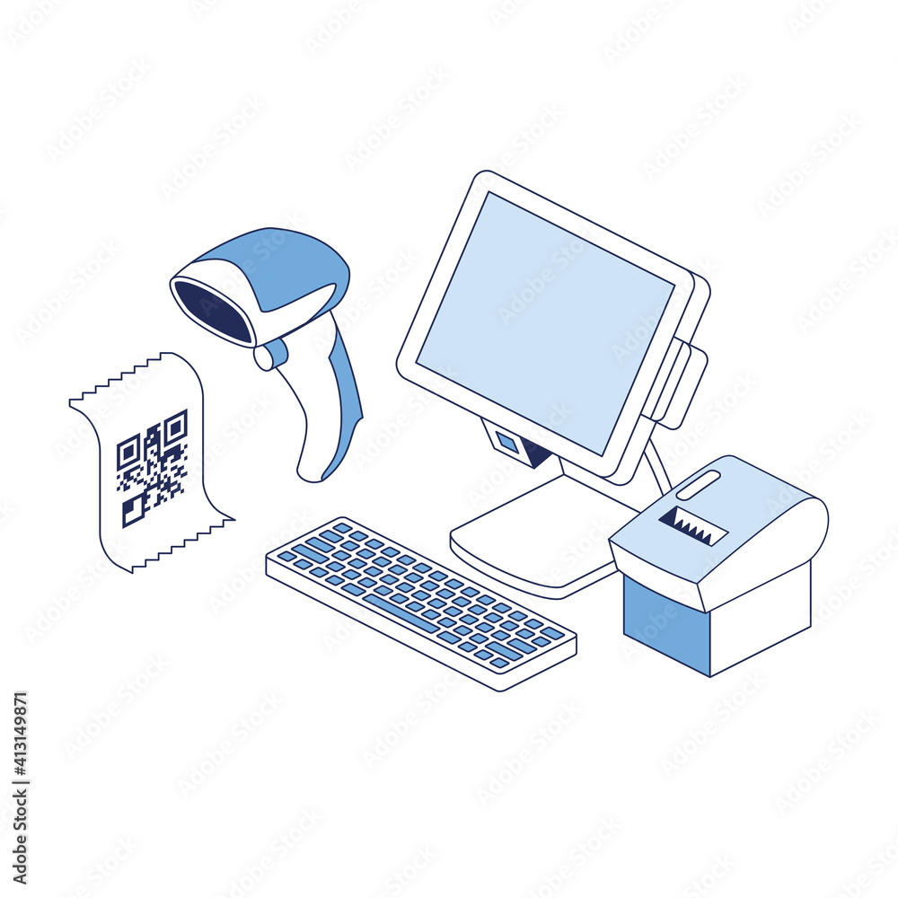 Cash register, scanner, print code. Vector 3d line isometric, color web icons, new flat style. Creative illustration, design idea for infographics.