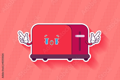 CRYING, SAD, SOB, CRY Face Emotion. Double Forefinger Handgun Gesture. Toaster Cartoon Drawing Mascot Illustration.