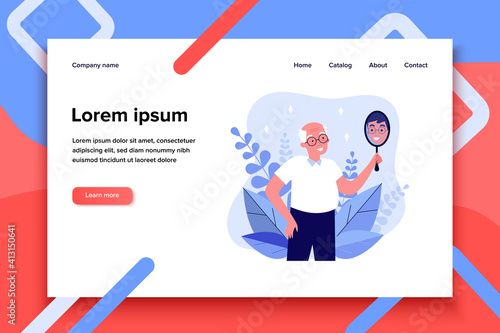 Smiling man looking at himself in mirror. Granddad imagining himself as young guy flat vector illustration. Narcissism and reflection concept for banner, website design or landing web page