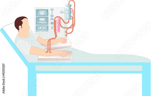 Vector Illustration of a Patient, Kidney pain, Dialysis at Hospital Quarantine, Coronavirus, Covid-19