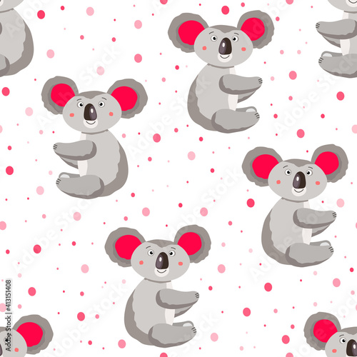 Seamless pattern with cute koala baby and hearts on polka dots background. Funny australian animals. Card  postcards for kids. Flat vector illustration for fabric  textile  wallpaper  poster  paper.