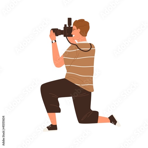 Side view of professional male photographer holding digital photo camera and taking photos. Modern man sitting down on a knee and making shots. Flat vector illustration isolated on white background