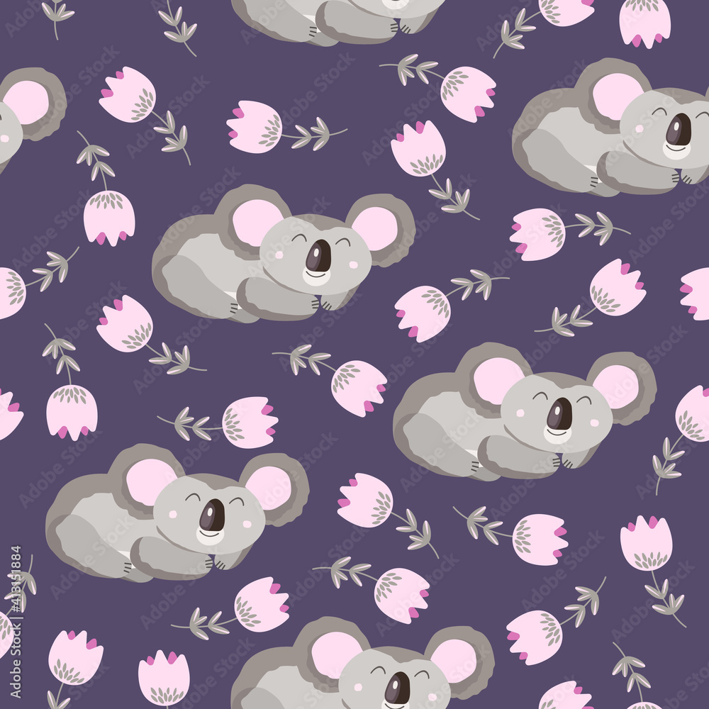 Obraz Seamless pattern with cute koala baby and flowers on color background. Funny australian animals. Card, postcards for kids. Flat vector illustration for fabric, textile, wallpaper, poster, paper.