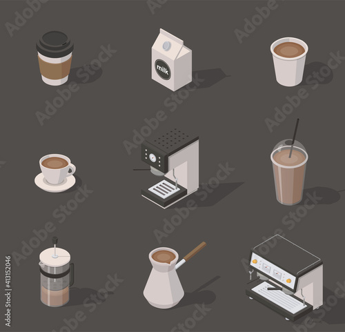 Vector isometric coffee shop set. Includes opened and closed paper cups, milk box, coffee machine, tea brewer, plastic cup with tube. Isolated. Vintage.