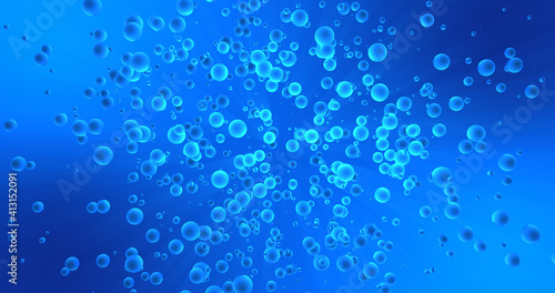 Shining luminescence chaotic oxygen bubbles spheres on blue background