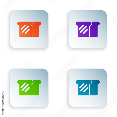 Color Bread toast for sandwich piece of roasted crouton icon isolated on white background. Lunch, dinner, breakfast snack. Set colorful icons in square buttons. Vector.
