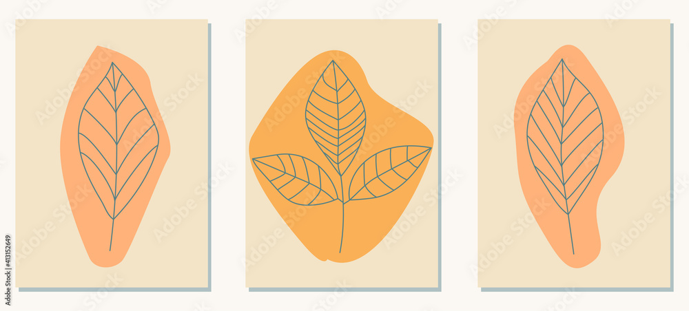 A trendy set with hand drawn leaves and abstract shape. Modern abstract Botanical wall art posters. Vector illustration for gallery, home decor, print, cover and wallpaper. A trendy set with hand drawn leaves and abstract shape. Modern abstract Botanical wall art posters. Vector illustration for gallery, home decor, print, cover and wallpaper.