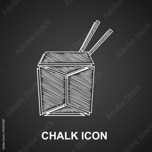Chalk Asian noodles in paper box and chopsticks icon isolated on black background. Street fast food. Korean, Japanese, Chinese food. Vector.