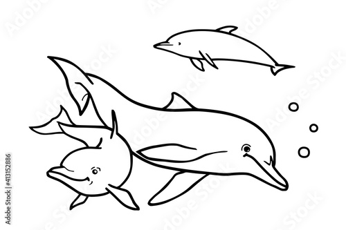 Dolphins in the ocean. Can be used for coloring book for kids. Vector illustration.
