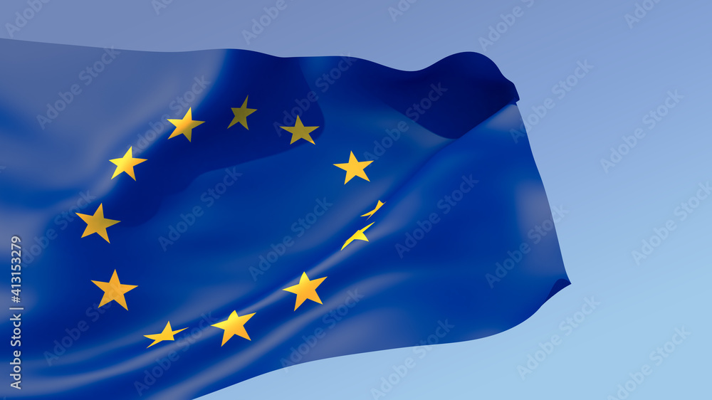 3D illustration. The large flag of EU unfolds in the wind against a blue sky with a gradient. European Union 3D illustration. The large flag of EU unfolds in the wind against a blue sky with a gradient. European Union