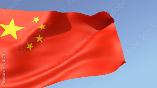 3D illustration. The large flag of China unfolds in the wind against blue sky background with gradient.