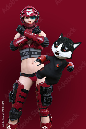 赤いプロテクターとパワー増幅装置とヘルメットと着用した闘気に満ちた女性と共闘する白と黒の猫型ロボット