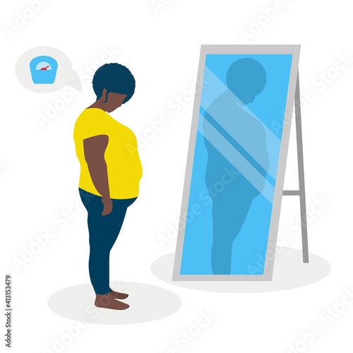 Flat vector illustration of a black fat girl with low self-esteem standing in front of a mirror. The girl looks into her distorted reflection.