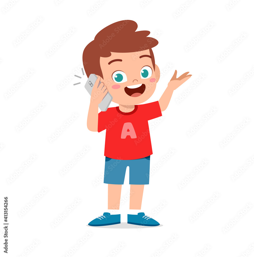 cute little boy talk using mobile phone