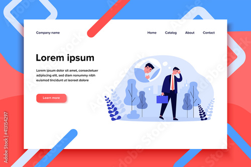 Tired sleepy office man walking to work. Sad exhausted businessman going outside. Flat vector illustration for coffee addiction, insomnia, sleep problem concept