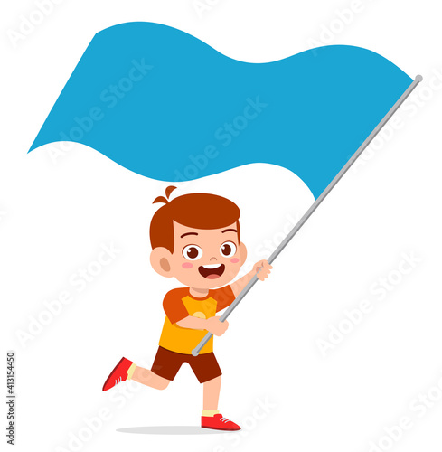 cute little boy run and holding flag