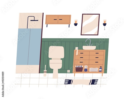 Home WC or bathroom interior. Clean restroom with furniture and accessories t...