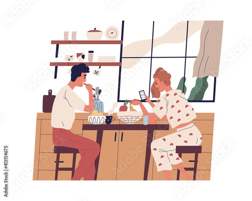 Couple having breakfast or lunch at home. Young people eating food and surfing the internet on mobile phone in modern kitchen. Colorful flat vector illustration isolated on white background