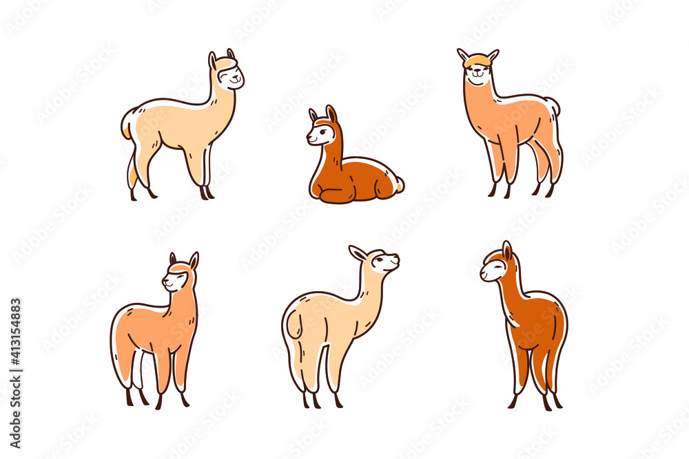 Obraz premium Cartoon alpaca in various poses. Сute animals set of icons.