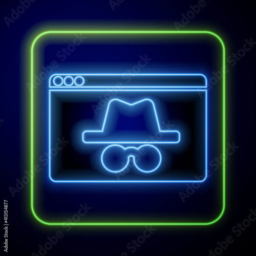 Glowing neon Browser incognito window icon isolated on blue background. Vector.