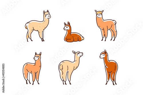 Cartoon alpaca in various poses. Сute animals set of icons.
