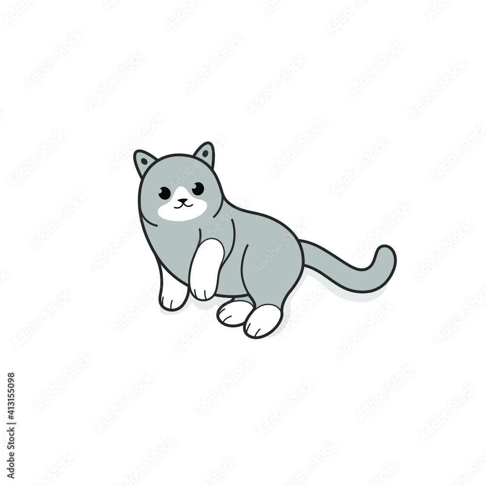 Wallowing cat. Grey kitty with white paws. Vector illustration in cartoon style for poster, postcard.