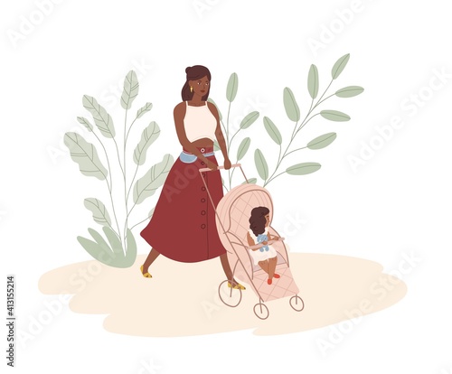Happy young mom walking with baby in stroller. African American mother and da...