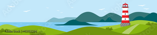 Long banner with seascape. Lighthouse on seashore with mountains on background and seagulls in the sky. Flat vector illustration.