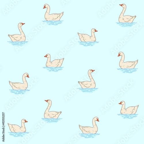 Goose swims in the water. Seamless trendy pattern with domestic fowl. Outline vector illustration for prints, clothing, packaging and postcards.