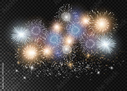 set of isolated vector fireworks on transparent background.
