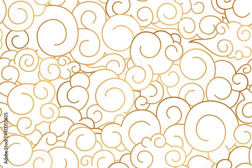 Seamless pattern of Chinese curly golden clouds and curves. Repeatable Japanese texture for printing. Oriental Asian endless backdrop. Monochrome flat vector illustration on white background