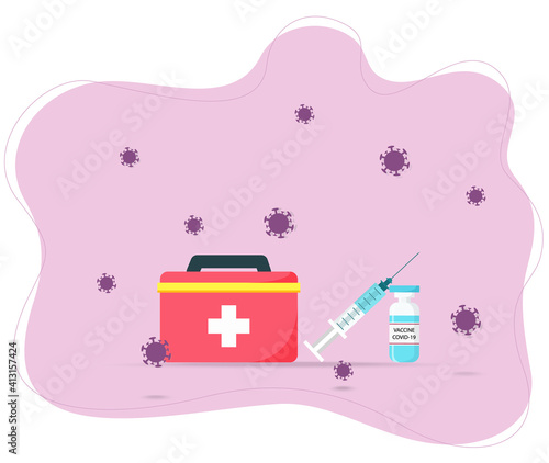 Covid-19 corona virus vaccination illustration with syringe, first-aid kit, bottle of vaccine, test tube. Covid19 immunization concept. Vaccination for coronavirus concept vector background.